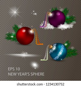 Set of vector illustrations, New Year's Christmas balls, Christmas ornament. New Year's gift card, invitation, banner
