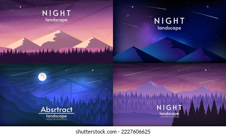 Set of vector illustrations. Night landscape with mountains, moon and forest. Flat style illustration.  