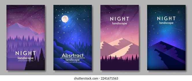 Satz von Vektorgrafiken. Nachtlandschaft mit Bergen, Mond und Wald. Flaches Beispiel. Design für Poster, Postkarte, Broschüre. 