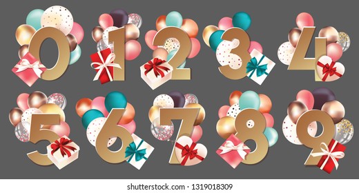 set of vector illustrations numbers with balloons and boxes for birthday and anniversary design