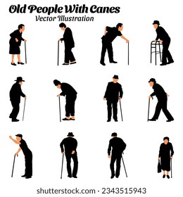 Set of vector illustrations of old people carrying canes.