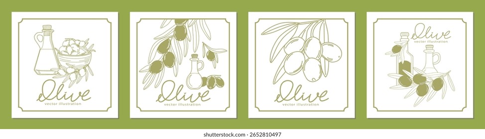 A set of vector illustrations of olive oil in bottles, branches and olives. Each design highlights the simplicity and elegance of olive motifs, perfect for culinary or nature concepts.