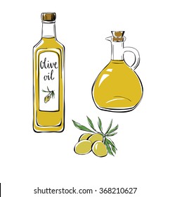 Set of vector illustrations Olive oil. Hand drawn olives with leaves, glass bottle and pitcher/ Doodle objects isolated on white background. Black outline and colorful stains.