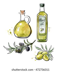 Set of vector illustrations Olive oil. Hand drawn green and black olives with leaves, glass bottle and pitcher. Black outline and bright watercolor texture isolated on white background.