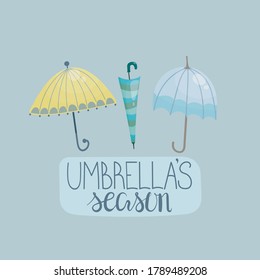 Set of vector illustrations on the autumn theme with the image of three multi-colored umbrellas with patterns