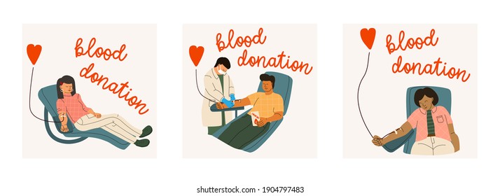 Set Of Vector Illustrations On Blood Donor Concept. Men And Women Donate Blood Voluntarily. A Nurse Or Doctor In A Medical Uniform And A Protective Mask Assists At The Blood Transfusion Station.