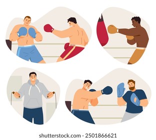 Un conjunto de Ilustraciones vectoriales sobre el boxeo y el combate cuerpo a cuerpo. Incluye un boxeador masculino, un entrenador, guantes y equipo de entrenamiento, todos representados en acción