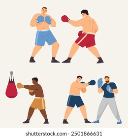 A set of vector illustrations on boxing and hand-to-hand combat. It includes male boxers, a trainer, gloves, a punching bag, all depicted in combat