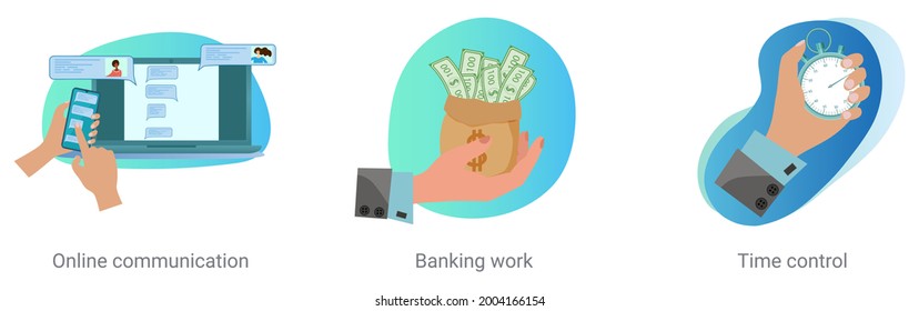 Un conjunto de ilustraciones vectoriales sobre un tema comercial.Comunicación en línea, trabajo bancario, control de tiempo.Ilustraciones de vector abstract.