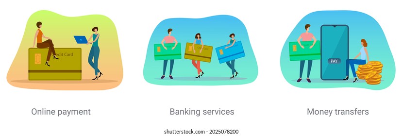 A set of vector illustrations on a business topic.Online payments,banking services,money transfers.Abstract vector illustrations.