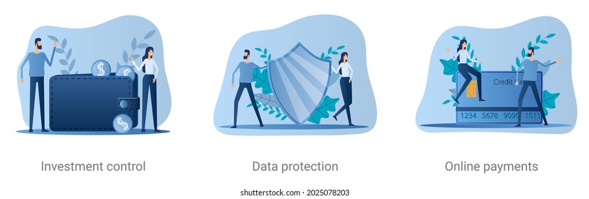 A set of vector illustrations on a business topic.Investment control,Data protection, Online payments.Abstract vector illustrations.