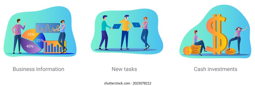 A set of vector illustrations on a business topic.Business information, New tasks,Cash investments.Abstract vector illustrations.