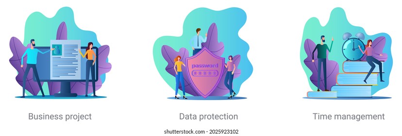 A set of vector illustrations on a business topic.Business project,Data protection,Time management.Abstract vector illustrations.