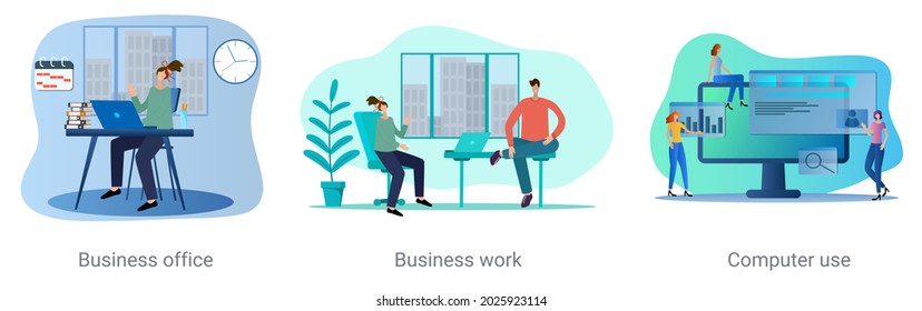 Eine Reihe von Vektorgrafiken zu einem Geschäftsthema.Business Office, Business Work, Computer use.Abstrakte Vektorgrafiken.