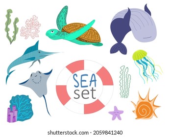 Set of vector illustrations on the marine theme. Sea turtle, sawfish, stingray, jellyfish, whale. Printable Marine Stickers