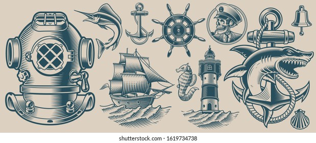 Set of vector illustrations on the nautical theme on a light background.

