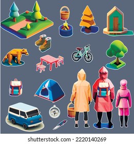 Un conjunto de ilustraciones vectoriales sobre un tema picnic. Hora de barbacoa. Senderismo con carpa, fogata, excursión al bosque