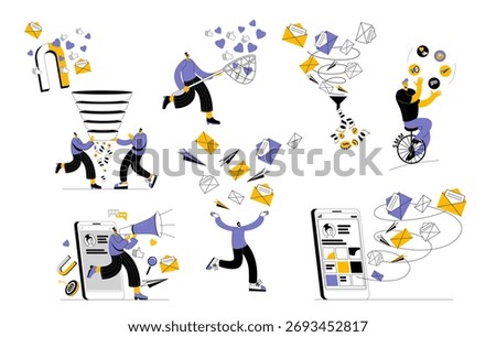 A set of vector illustrations on social media promotion. Attracting attention on social media. SMM management. Simple cartoon style.
