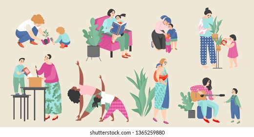 Conjunto de ilustraciones vectoriales sobre el tema de la maternidad con madres lindas y sus hijos haciendo actividades cotidianas como jardinería, música, cocina, lectura de libros, viajes y puesta en forma 