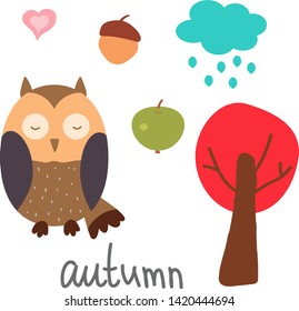 
set of vector illustrations on the theme of autumn. Owl, tree, apple. Elements for printing on fabric and paper