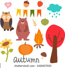 
set of vector illustrations on the theme of autumn. Owl, tree, apple, pumpkin. Elements for printing on fabric and paper