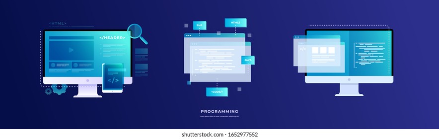 Set of vector illustrations on the theme of programming and software. Monitors with program codes on the screen and open web pages. Vector flat illustration.