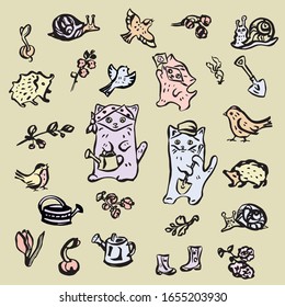 Set of vector illustrations on the theme of spring and garden. A family of cat gardeners. Birds, hedgehogs, snails, flowers, garden tools.