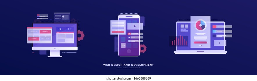 Set of vector illustrations on the theme of web design and development. Smartphone, laptop, and monitor with interface elements on a blue background. Mobile app development concept.