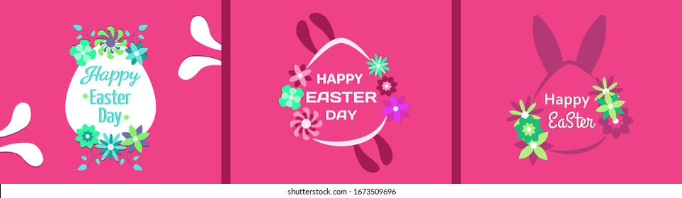 Set of vector illustrations on the theme Happy Easter.Easter eggs on a background of flowers and rabbits.
Banner, cover,postcard, flyer, poster for 
advertising action.