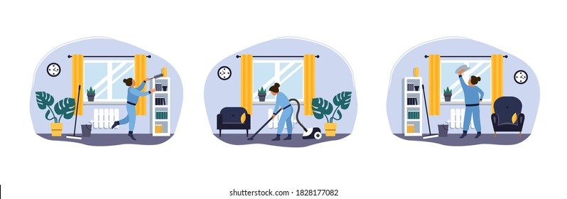 Set of vector illustrations on the theme of cleaning. Girl vacuuming the floor. Clean the floor, clean the apartment.  Vacuum cleaner.The girl washes the window, wipes the dust from the closet