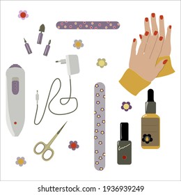 A set of vector illustrations on the theme of manicure: hardware manicure, hand and nail care.