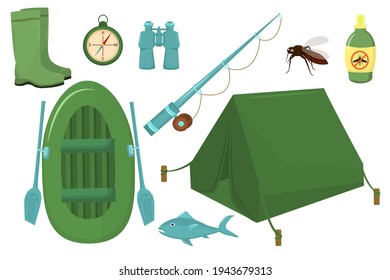 a set of vector illustrations on the theme of fishing and hiking. Drawn in blue-green colors, isolated on a white background.