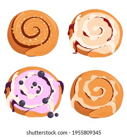 set of vector illustrations on the theme of cinnamon rolls and cream, isolated on a white background