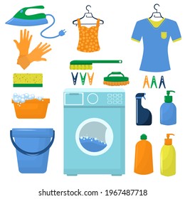 A set of vector illustrations on the theme of cleaning and washing. Washing machine, iron and detergents. Isolated on a white background