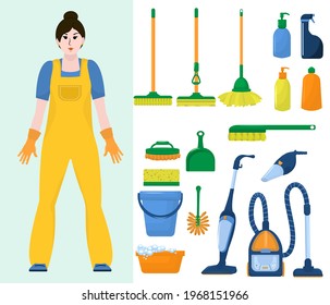 A set of vector illustrations on the theme of cleaning. A young woman with a vacuum cleaner, detergents and mops. Isolated on a white background
