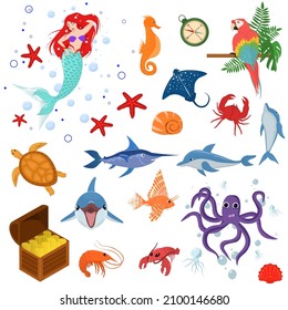 a set of vector illustrations on the theme of the fabulous sea, travel and piracy, isolated on a white background