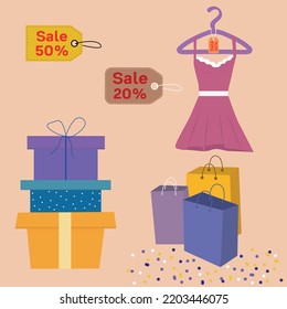 a set of vector illustrations on the theme of the sale.Set elements: a dress on a tremple with a discount, discount tags, packaging bags with serpentine, packaging boxes