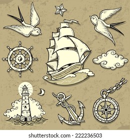 Set vector illustrations the theme sea travel in tattoo style Tattoo  art design  New traditional tattoo style  Hand  drawn vector images Easy to edit  EPS8 file  Vintage colors 
