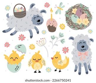 set of vector illustrations on the theme of easter spring lamb with a basket of eggs flowers chickens