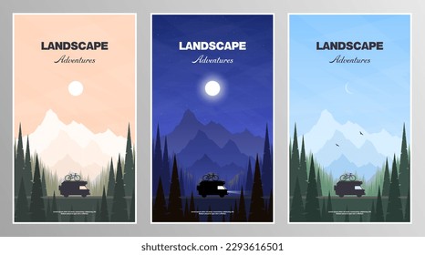 Conjunto de ilustraciones vectoriales sobre el tema de la naturaleza y los viajes. Diseño vertical de afiches. Fondos para sus proyectos.