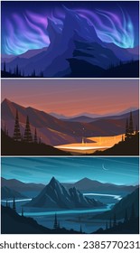 Conjunto de ilustraciones vectoriales sobre el tema de la vida silvestre. Aurora. Ríos en los valles. Contrastando la luz entre cordilleras. Paisajes nocturnos y diurnos.