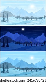 Set of vector illustrations on the theme of winter. Snowy landscapes of the north. Frosty places of Canada, Iceland and Norway. Wide range of backgrounds for your projects. Night, day and morning view