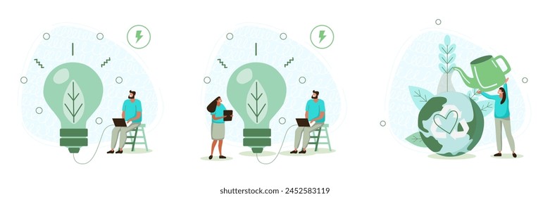 A set of vector illustrations on the theme of ecology and environmental protection on a white background. Flat illustrations with people who care about the planet.