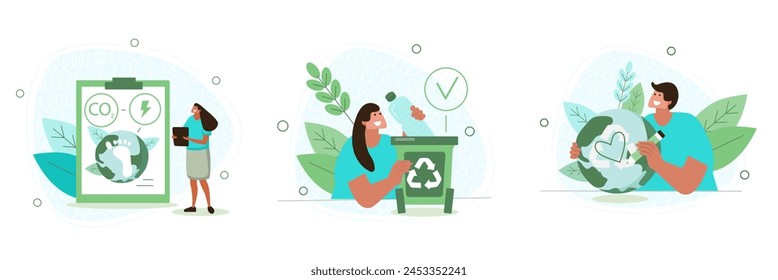 A set of vector illustrations on the theme of ecology and environmental protection on a white background. Flat illustrations with people who care about the planet.