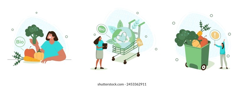 A set of vector illustrations on the theme of ecology and environmental protection on a white background. Flat illustrations with people who care about the planet.