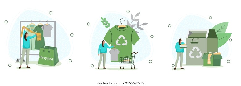 A set of vector illustrations on the theme of ecology and environmental protection on a white background. Flat illustrations with people who care about the planet.