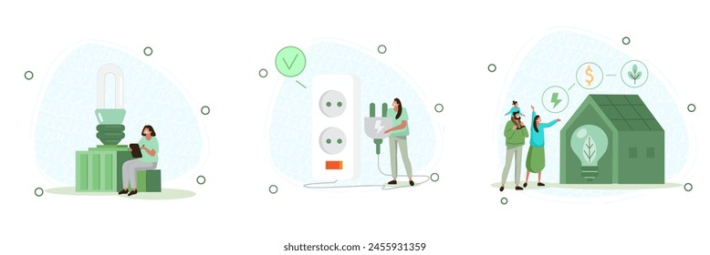 A set of vector illustrations on the theme of ecology and environmental protection on a white background. Flat illustrations with people who care about the planet.