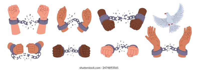 Conjunto de Ilustraciones vectoriales sobre el tema de la libertad: manos esposadas, cadenas rotas y una paloma blanca. Incluye una variedad de puños con grilletes en un fondo aislado.