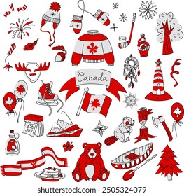 Set of vector illustrations on the theme of Canada Day in flat style in the colors red, white, black. Individual objects, animals on a white background. Ideal for creating souvenirs, decorative doodle