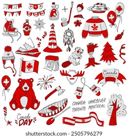 Set of vector illustrations on the theme of Canada Day in a flat style in the colors red, white, black. Individual objects, animals on a white. Ideal for creating websites, apps and souvenirs.